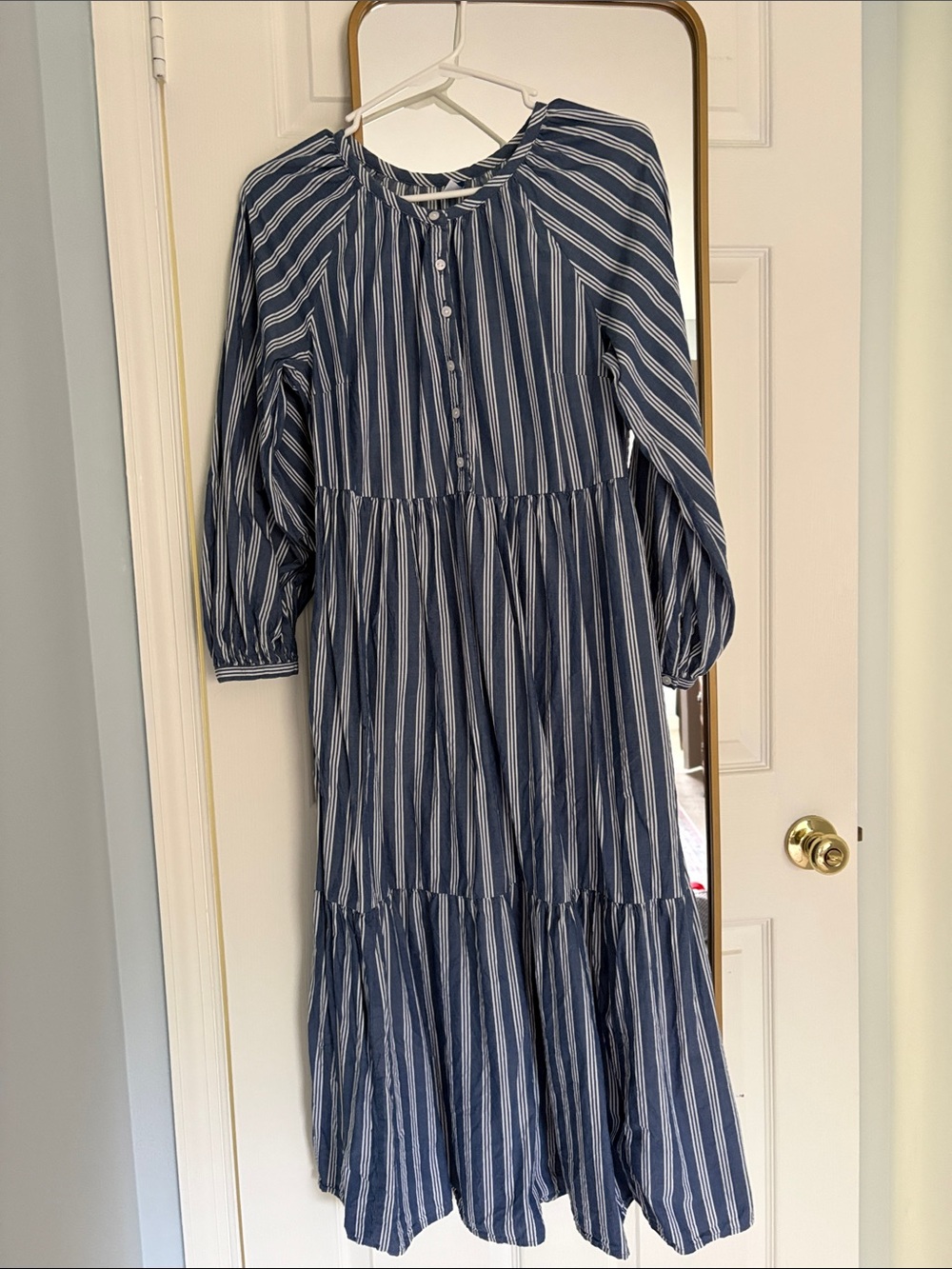 Old Navy Navy and White Striped Long Sleeve Tiered Dress